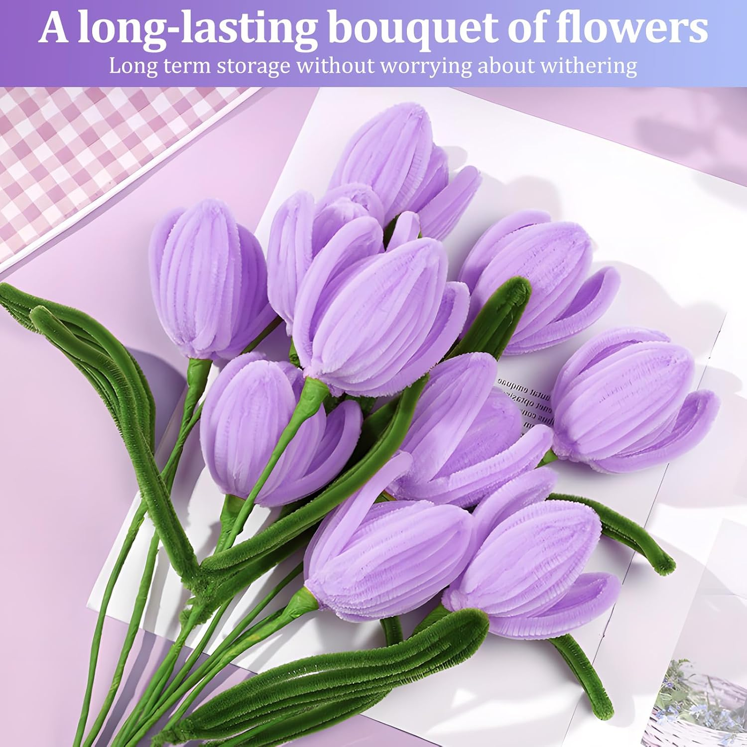 Fwqofvk Pipe Cleaner, Twisted Stick Bouquet with Tubular Cotton Swab Flower Stalk Gardening Tape Ribbon Creative DIY Kit, for DIY Art and Craft Creative Gift Party Decorations 30Cm (Purple) - Pink image number 3