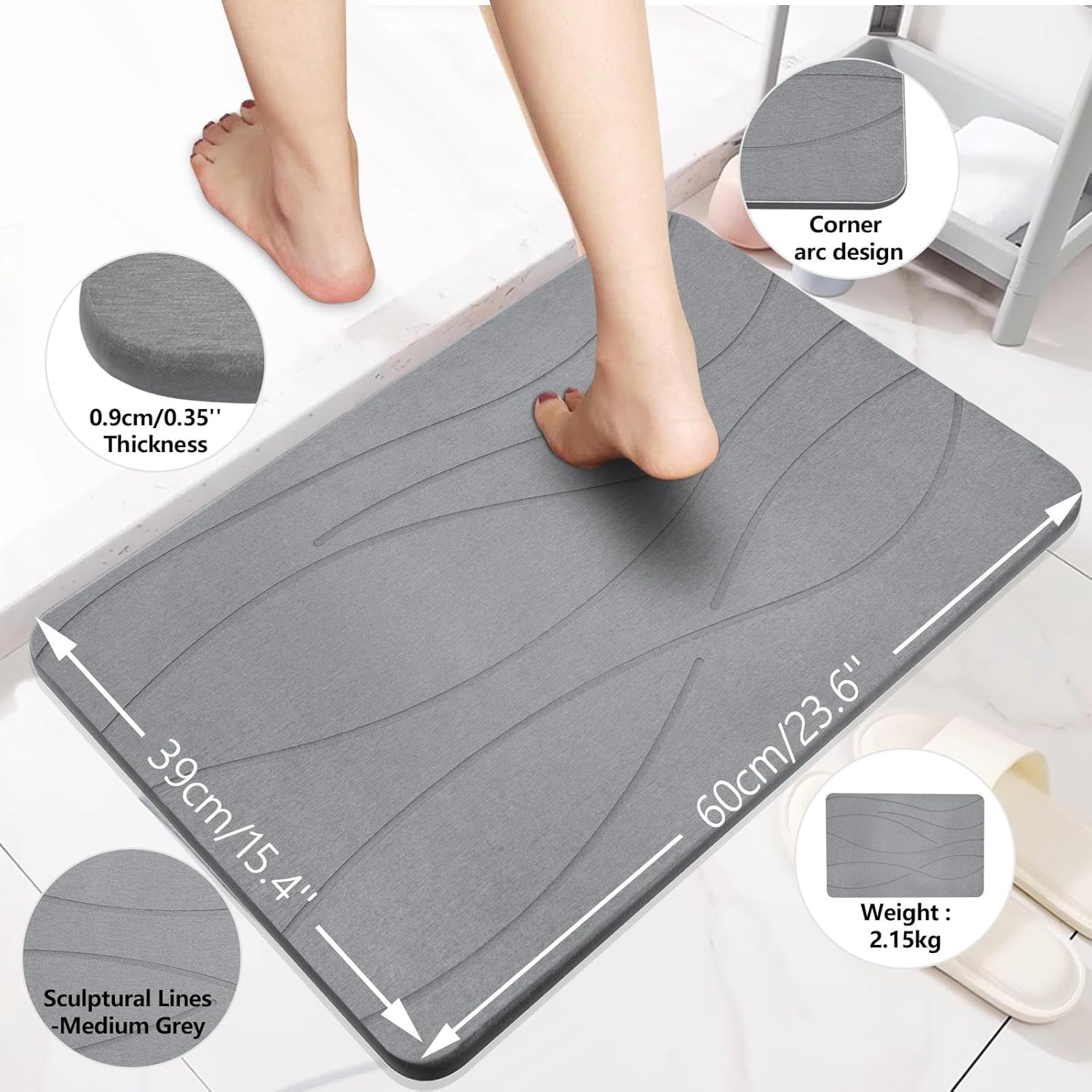 Heyolo Stone Bath Mat Diatomaceous Earth Bath Mat 60X39Cm Non Slip Super Absorbent Bath Mats for Bathroom Quick Dry Diatomite Stone Shower Mat for Kitchen Bathtub, Easy to Clean, Light Gray 2 Pack image number 1