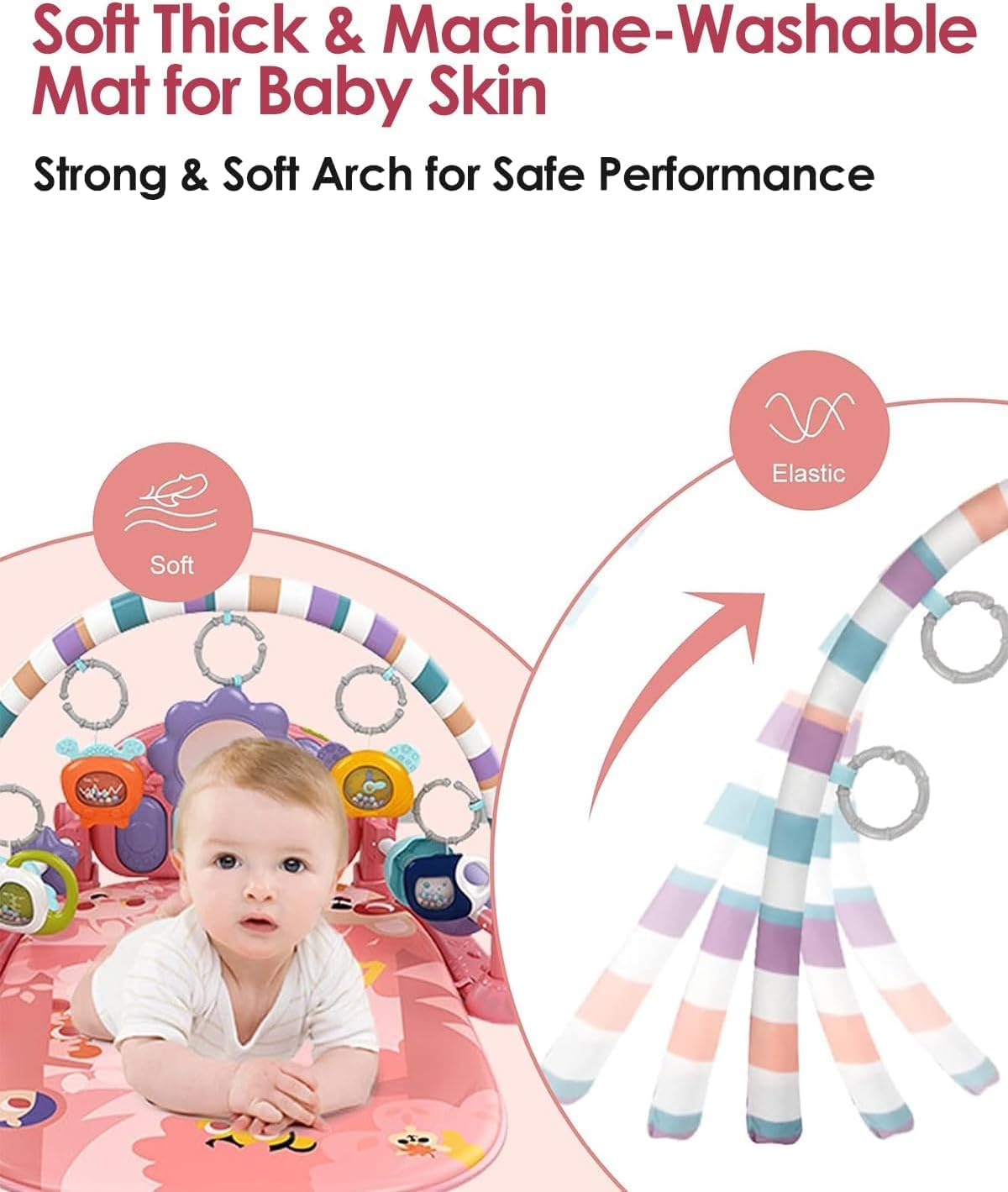 Veraste Baby Play Mat Baby Gym,Funny Play Piano Tummy Time Baby Activity Mat with 5 Infant Sensory Baby Toys, Music and Lights Boy & Girl Gifts for Newborn Baby 0 to 3 6 9 12 Months (Pink) image number 6