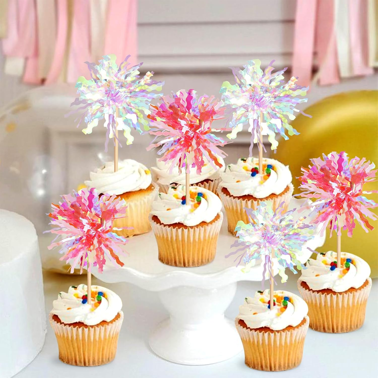 20 Pack Foil Firework Cupcake Toppers Party Birthday Cake Toppers Supplies Sparkle Tinsel Cocktail Fruit Toothpick for Birthday Wedding Graduation Party White+Pink - Black Gold Sliver image number 6
