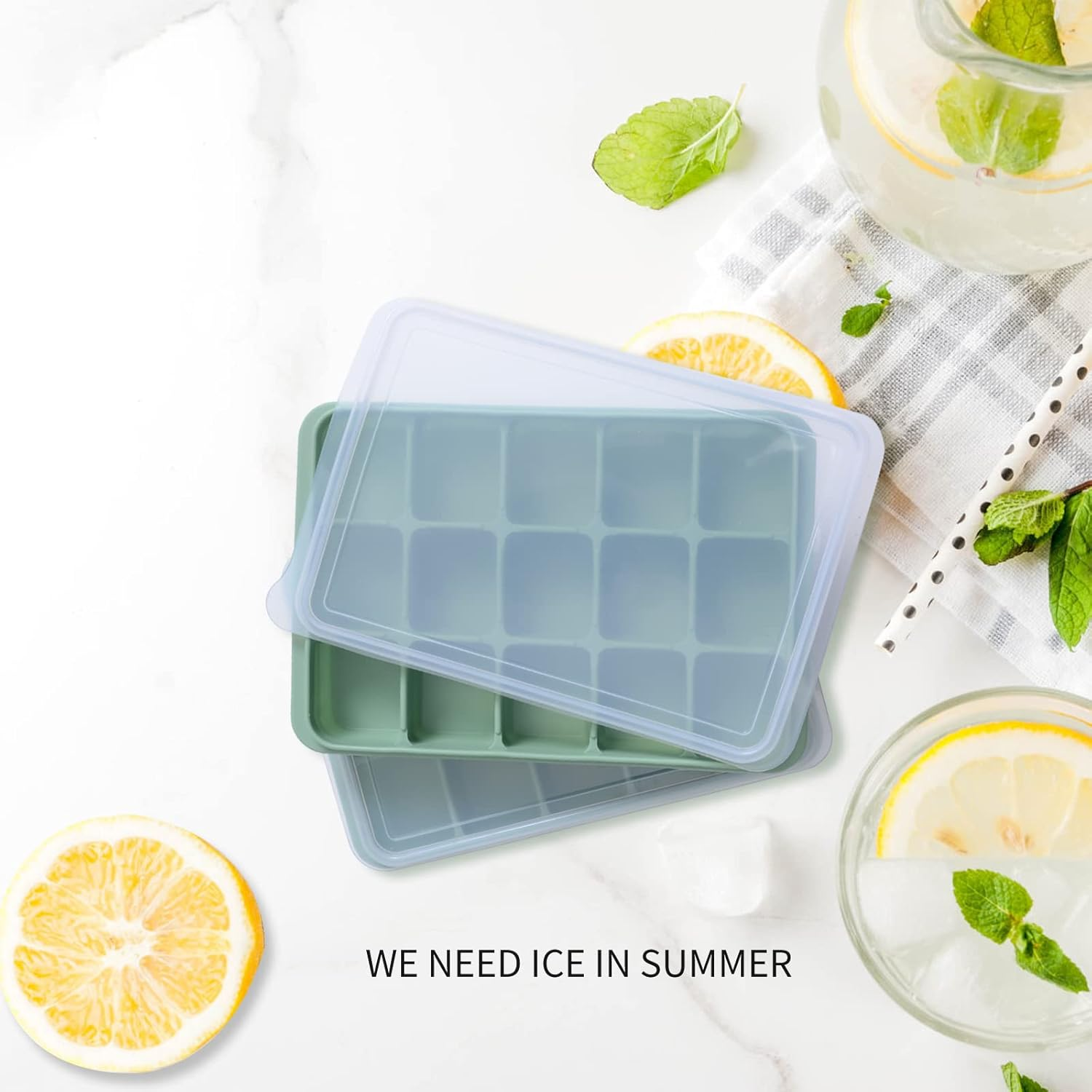Ice Cube Trays Set of 2, Easy Release 15 Flexible Silicone Ice Cube Molds with Removable Lid Reusable Freezer Ice Trays Stackable for Whiskey, Baby Food, BPA Free (Bamboo Green) - Black image number 2