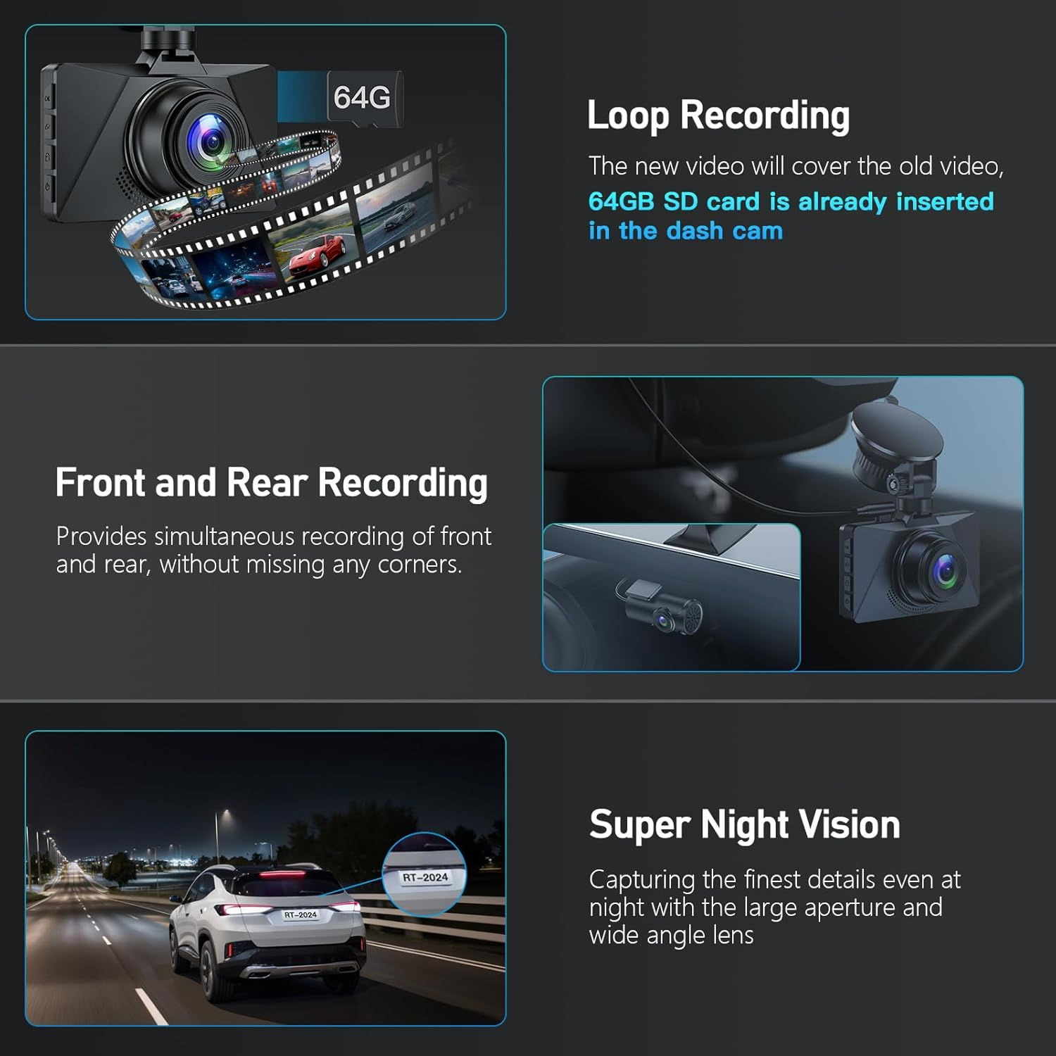 Range Tour Car Dash Cam Front and Rear, 64G Card Included, FHD 1080P Car Camera 170&deg; Wide Angle HDR Driving Recorde image number 6