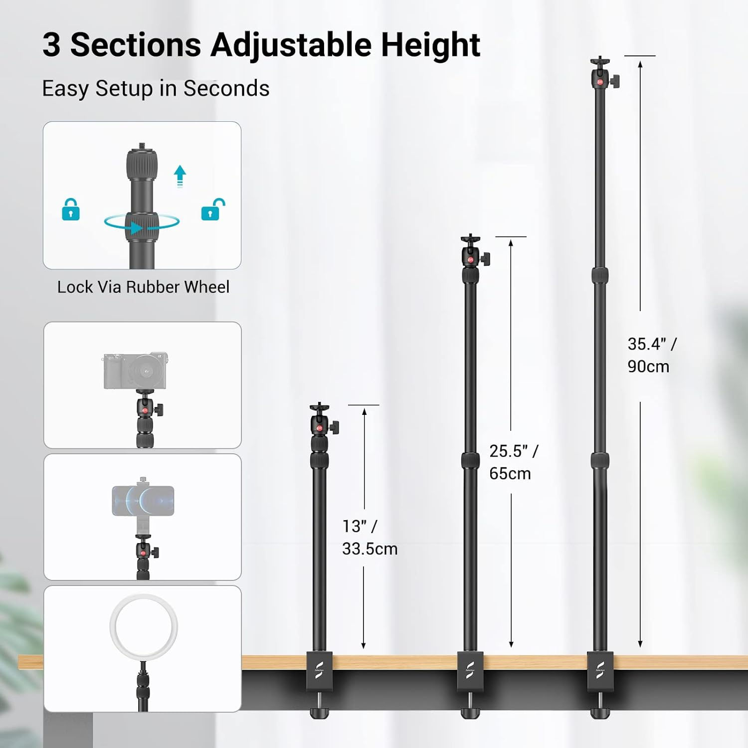 Camera Desk Mount Table Stand with 1/4" Ball Head, 48.5Cm-100Cm Adjustable Light Stand, Tabletop C Clamp for DSLR Camera, Ring Light, Live Streaming, Photo Video Shooting (1 PC) image number 2