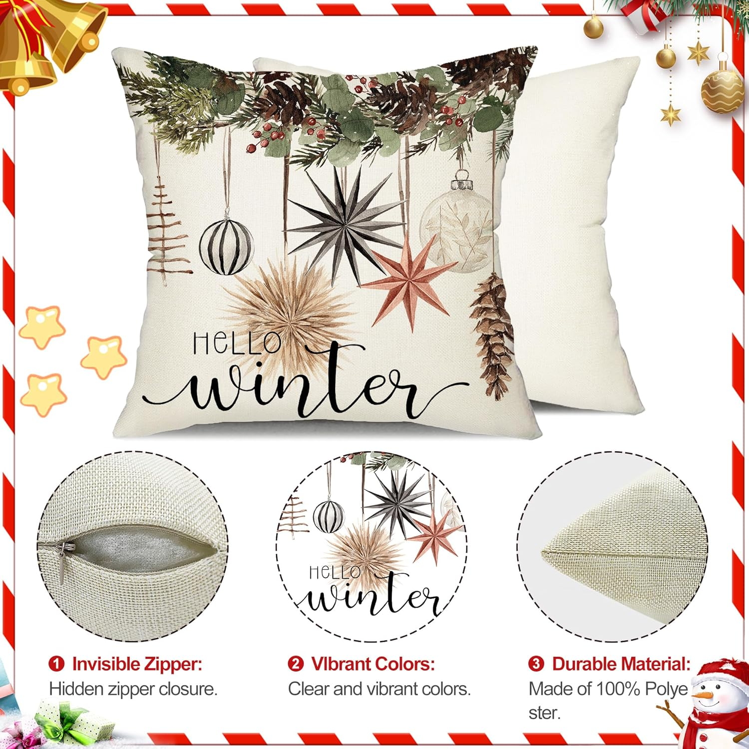 DFXSZ Christmas Pillow Covers 18X18 Inch Set of 4 Christmas Tree Gloves Hello Winter Decorative Throw Pillow Covers Winter Farmhouse Decoration for Home Couch 134 image number 4