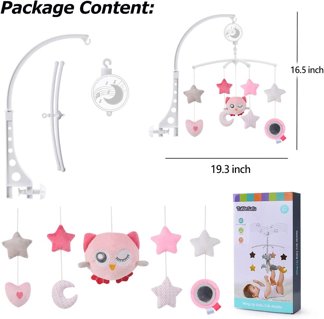Baby Musical Crib Mobile with Hanging Rotating Plush Pink Owl Pendant Toys, Winding Drive Music Box, Infant Bed Decoration for Newborn Boys and Girls image number 6