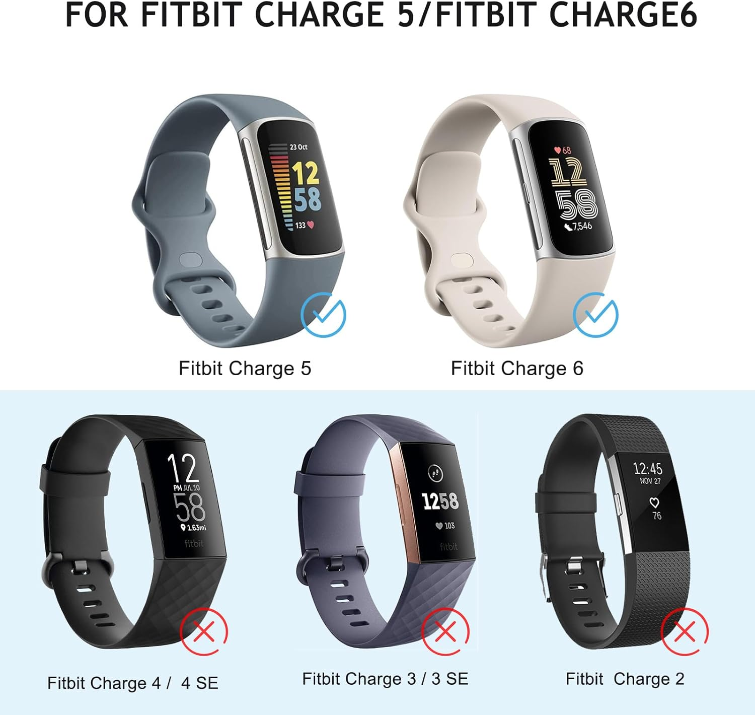 Tobfit Pack of 6 Wristbands for Fitbit Charge 6 Wristband/Fitbit Charge 5 Wristband Women Men, Silicone Sport Replacement Wristbands for Fitbit Charge 6 / Fitbit Charge 5