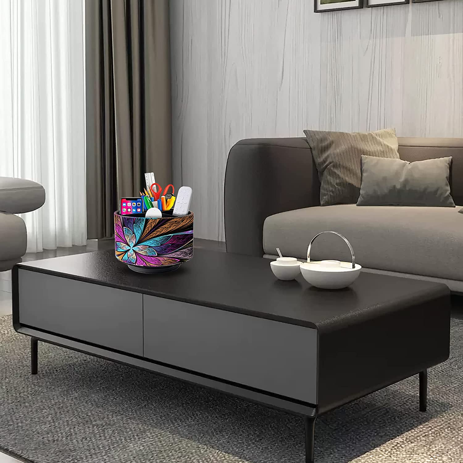 HOMIEST round Leather Art Supply Organizer,Remote Control Holder,360 Degree Spinning,Multi-Functional Pencil Holder,4 Compartments Desktop Stationary Organizer