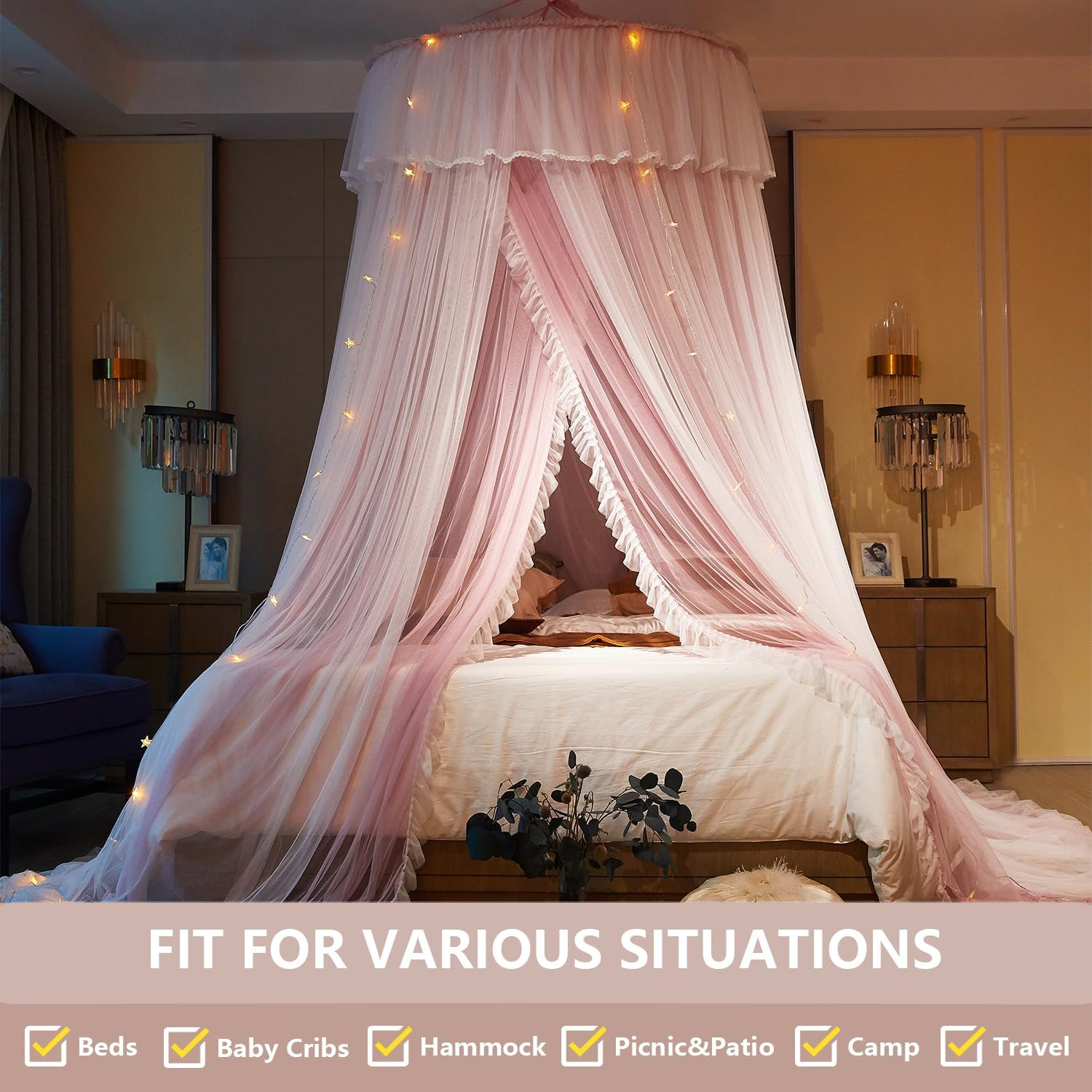 Elegant Double Layer Bed Canopy, Princess Lace round Dome Canopies Netting Mesh Bed Curtain Drapes for Kids Adults Children Dreamy Mosquito Nets Bedroom Decoration Castle Play Tent Reading Nook