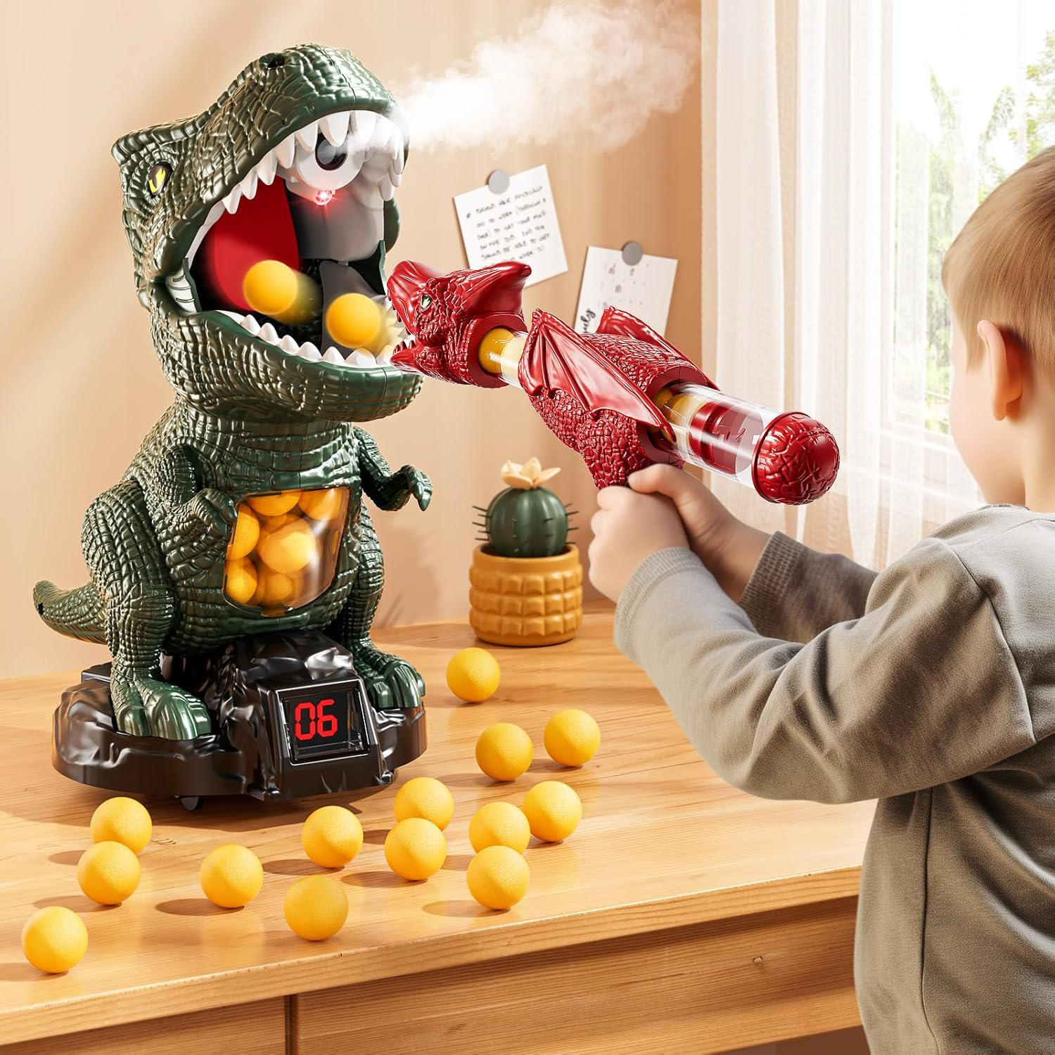 MSKOLER Movable Dinosaur Shooting Toys for Kids 3 4 5 6 7+ Years, Tyrannosaurus Shooting Game with Water Mist Spray and Pterosaur Air Pump Foam Shooting Toys (Navy) image number 1