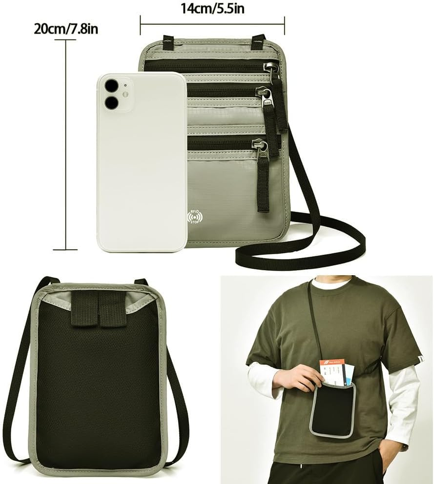 Neck Wallet with RFID Travel Wallet Protection Soft Compartment Passport Organizer, Lightweight, with Adjustable Shoulder Strap for Smartphone, Passport and Cash Cards (Grey) - Black image number 5