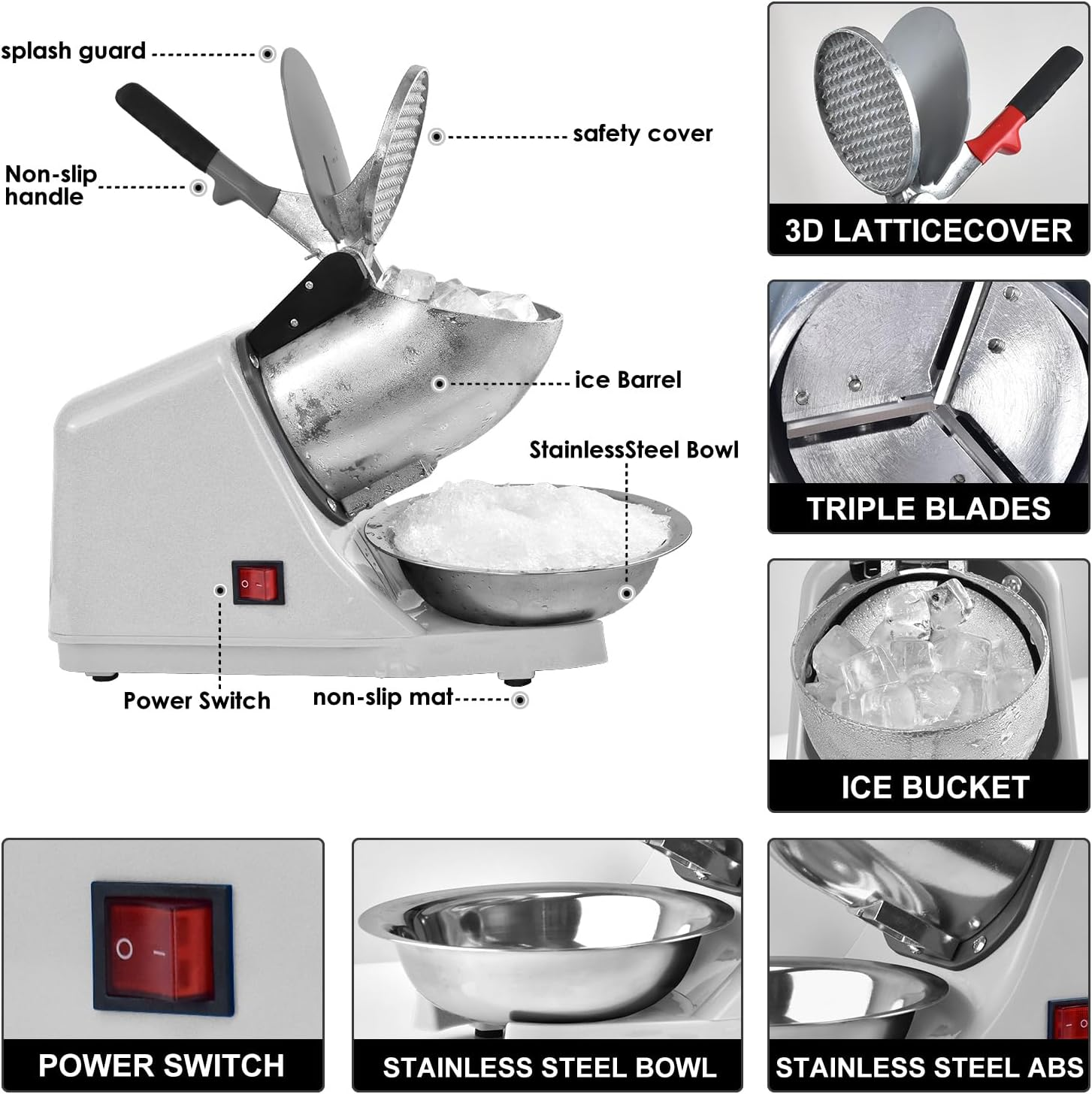 Electric Ice Shaver Machine,With Ice Pick and Scoop,3 Blades of Electric Snow Cone Machine(300W 2200R/Min),Splash Proof Shaved Ice Machine,Ice Crusher Machine for Home Commercial Use (Silver) - Orange image number 6