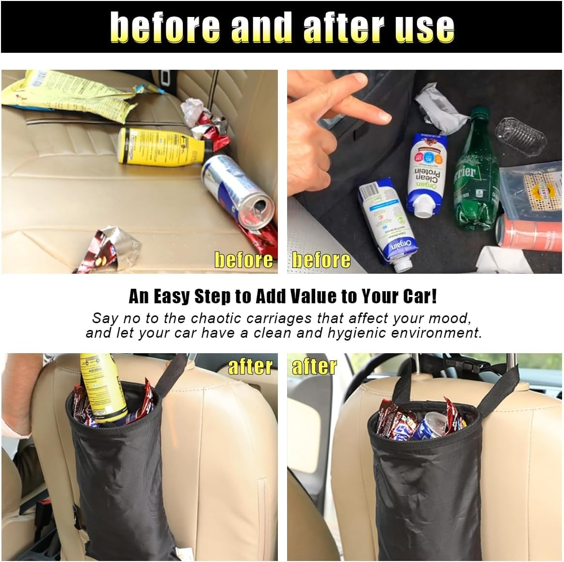 Seat Back Trash Bag with Elastic Opening,2Pcs Car Garbage Bag Detachable Trash Can,Car Seat Back Car Trash Bag Hanging Garbage Can,Car Trash Can Hanging Seat Back Garbages Bags with Elastic Opening image number 5