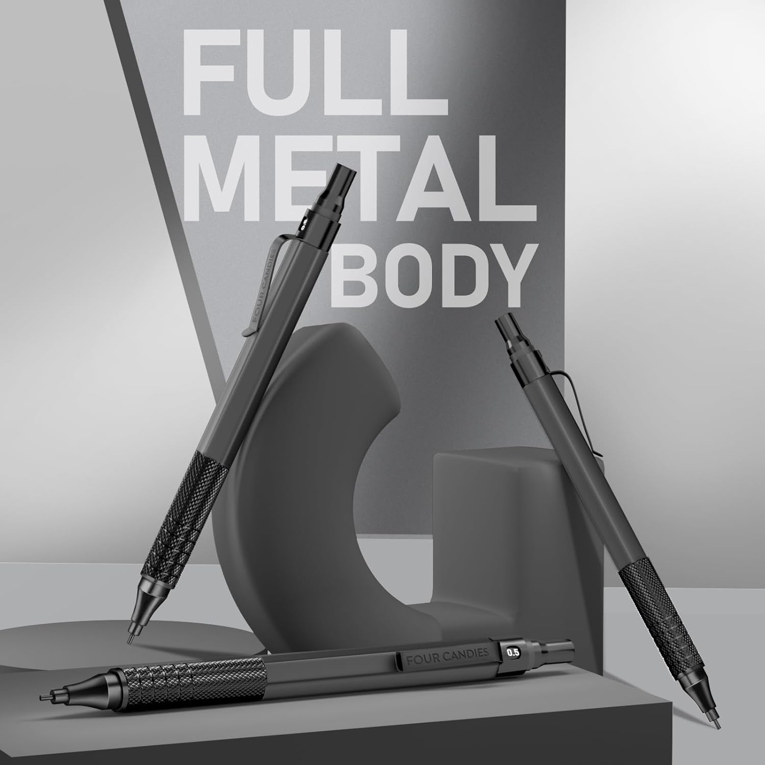 Four Candies 0.5Mm Mechanical Pencil Set with Case, 3PCS Metal Artist Lead Pencil with 8 Tubes (480PCS) HB Lead Refills, 3 Erasers, 9 Eraser Refills for Engineer Art Writing Drawing Drafting, Black image number 2