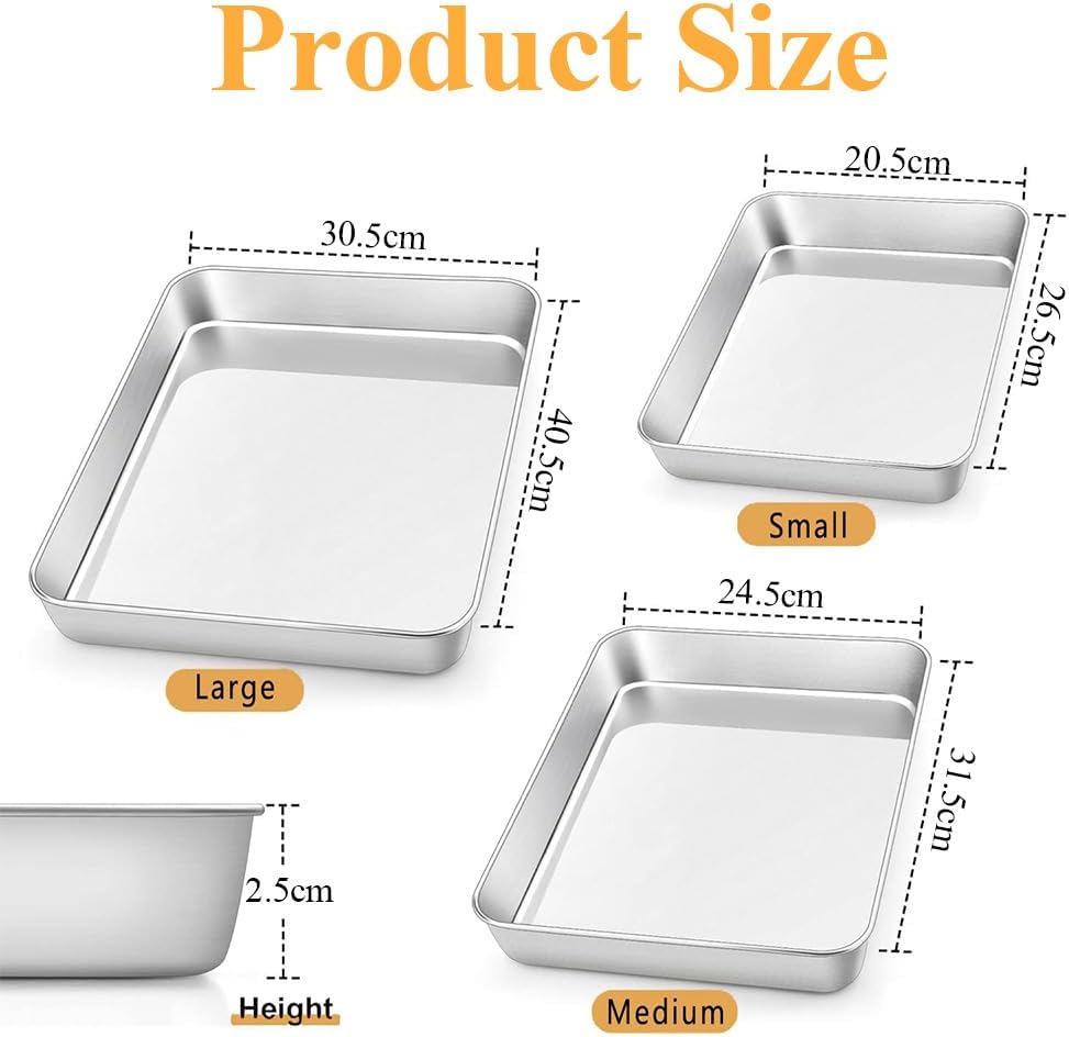 Baking Sheet Set of 3, Stainless Steel Baking Tray, 26/31/40CM, Healthy & Heavy-Duty, Easy Clean Plate, Rectangle Bakeware Set, for Lasagna Cake Brownie image number 2