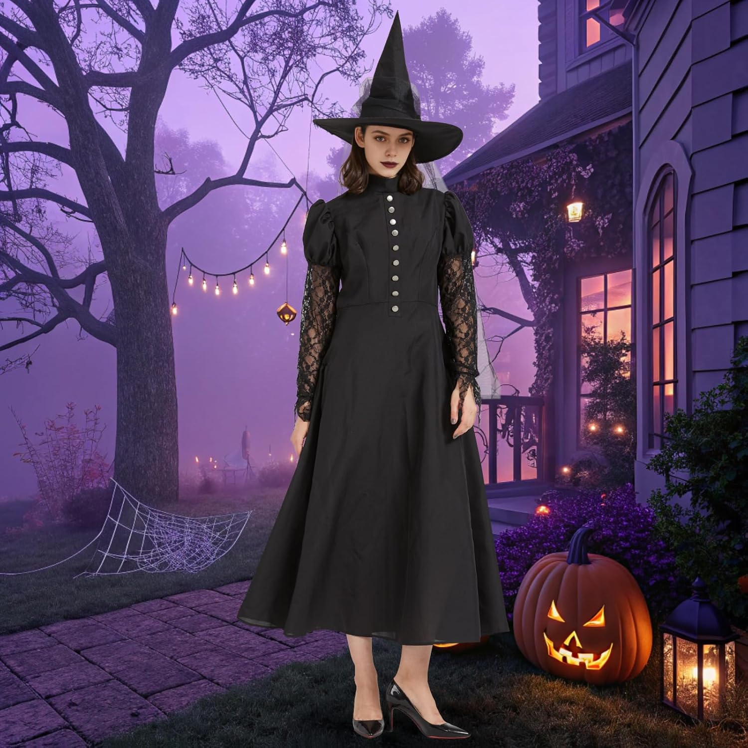 3Pcs Women'S Wicked Witch Costume for Adult Halloween Outfit Witch Dress with Hat and Tulle for Sorceress Cosplay