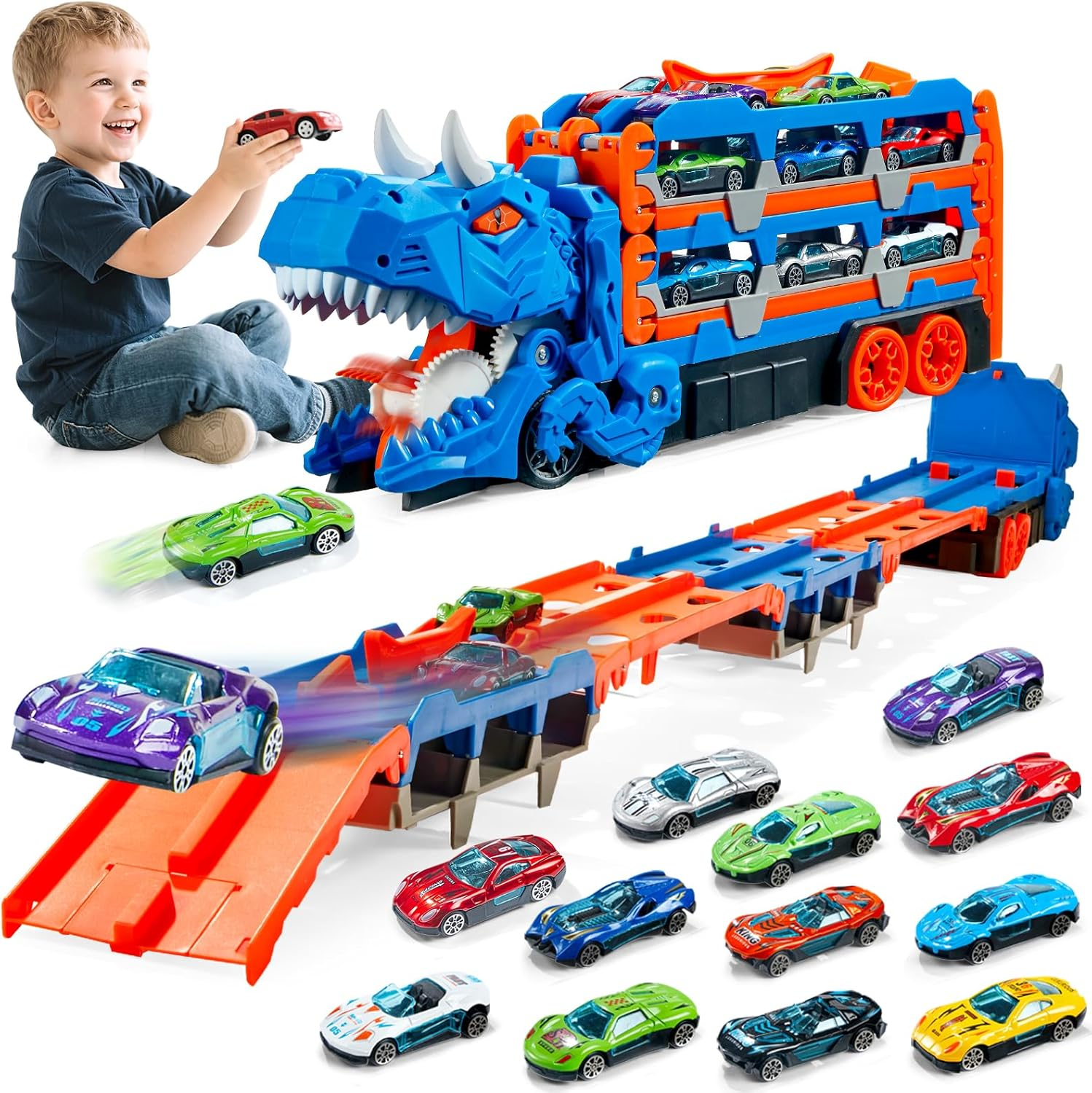 Car Toys for 3 4 5 6 Years Old Boys,Dinosaur Transporter Truck with 5-FT Race and 12 Die-Cast Cars,Toddler Dino Educational Toys for Kids 3-5 6-8 Year Old Boys Girls Birthday Gifts image number 1