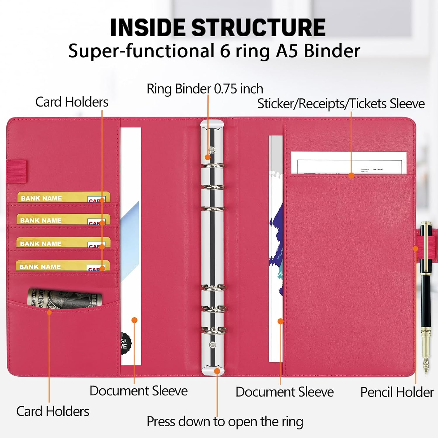 Toplive A5 Binder 6 round Ring Binder Leather Budget Planner Notebook Cover for A5 Filler Paper Laser Pink with Magnetic Buckle Closure image number 4