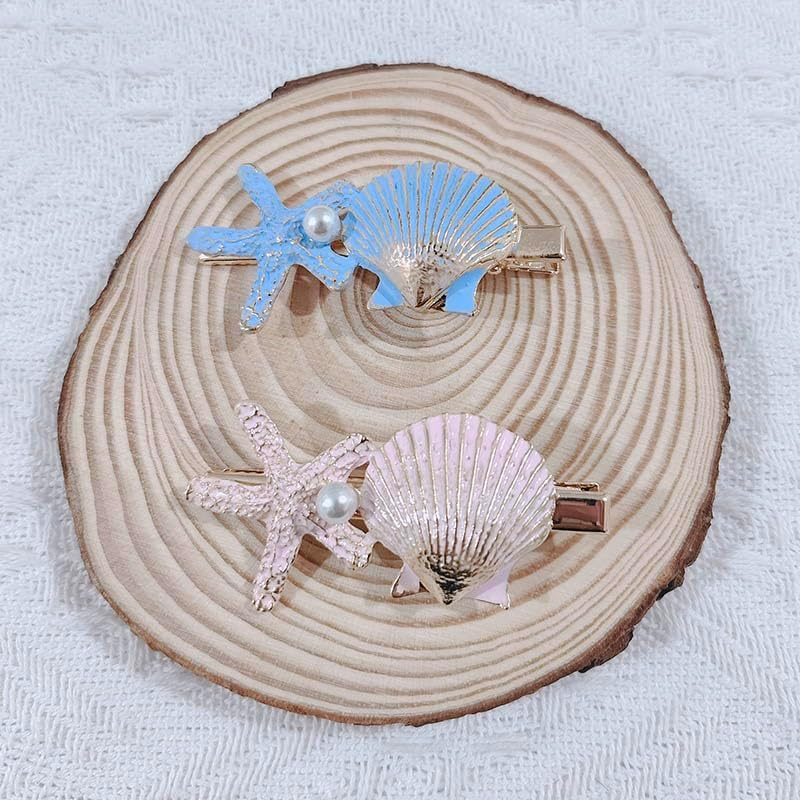 RFTWXHPN Mermaid Starfish Seashell Hair Clips for Women Girls Starfish Shell Hair Clip 2Pcs Metal Mermaid Shell Hair Barrettes Pearl Seashell Hairpin Beach Mermaid Hair Accessories, Blue and Pink image number 1