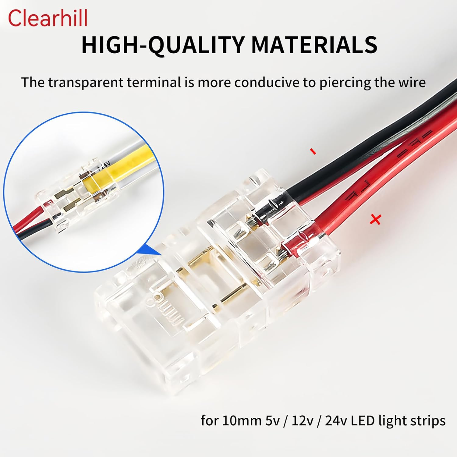 Clearhill 10Mm 2Pin 20Packs COB LED Strip Connectors,Solderless Strip to Wire Connectors + 10Cm Cable-Gapless Connection for 10Mm Single Color COB LED Strips image number 4