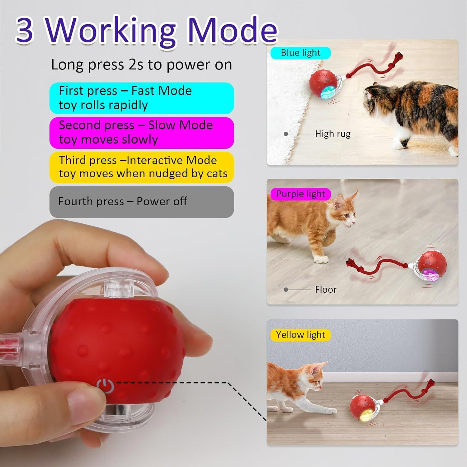 Smart Interactive Cat Toy Ball with Motion Sensor & Auto-Avoidance | 3 Play Modes Fast/Slow/Touch | Rechargeable Type-C | Bird Chirping Sound | Indoor Cat Enrichment Ball for Kittens & Adult Cats image number 3