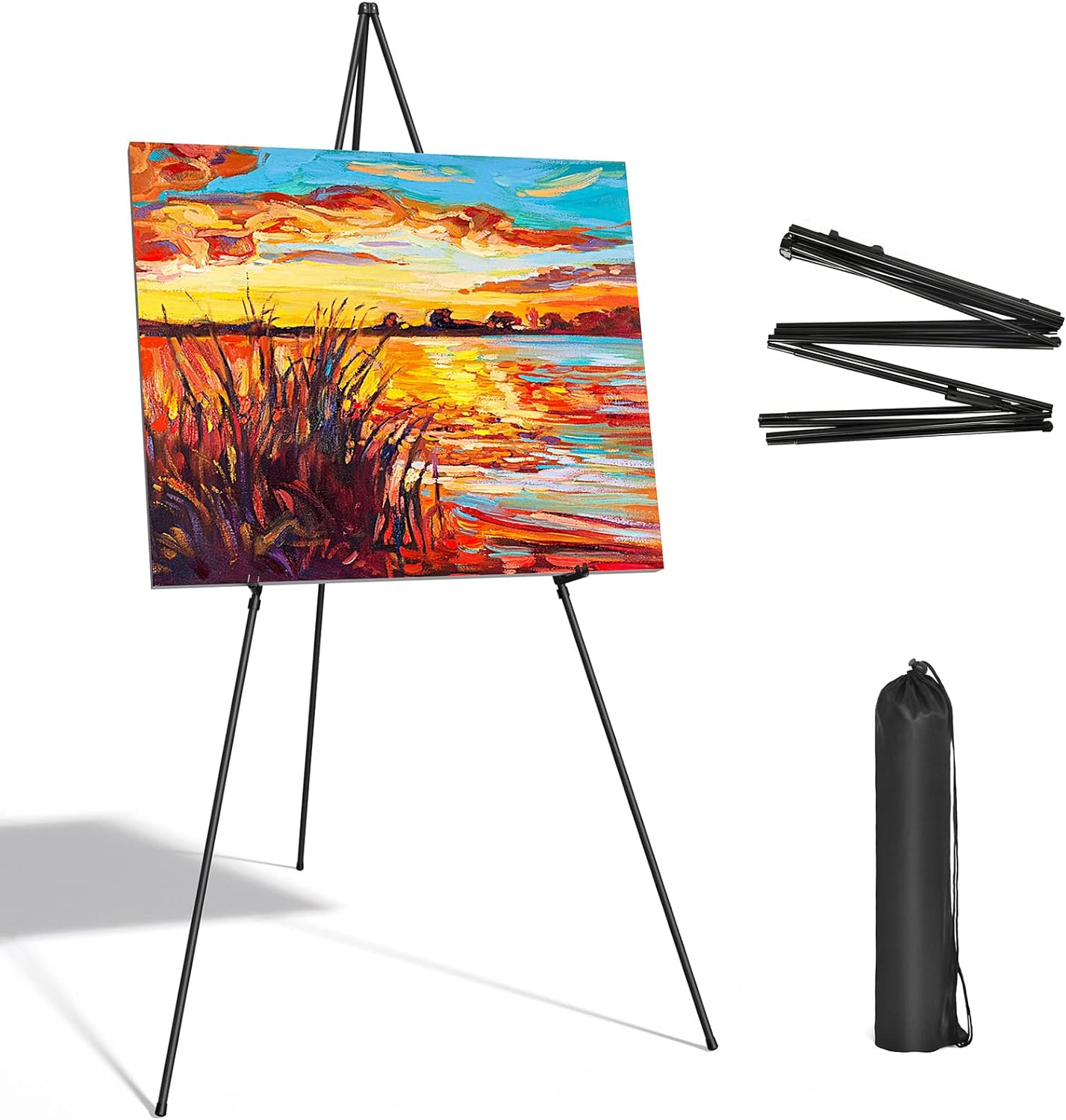 Sunyesyo Display Black Easel Stand for Wedding Sign - Artist Instant Tripod Collapsible Portable Floor Easel for Posters- 63" Adjustable Easy Folding Metal Stand for Display Show, Arts, Painting image number 1