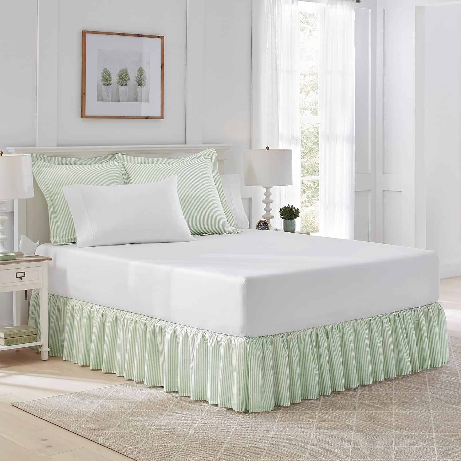 Laura Ashley Home - Cotton Ruffled Bedskirt, Lightweight & Classic Style (Ticking Stripe Green, Twin)