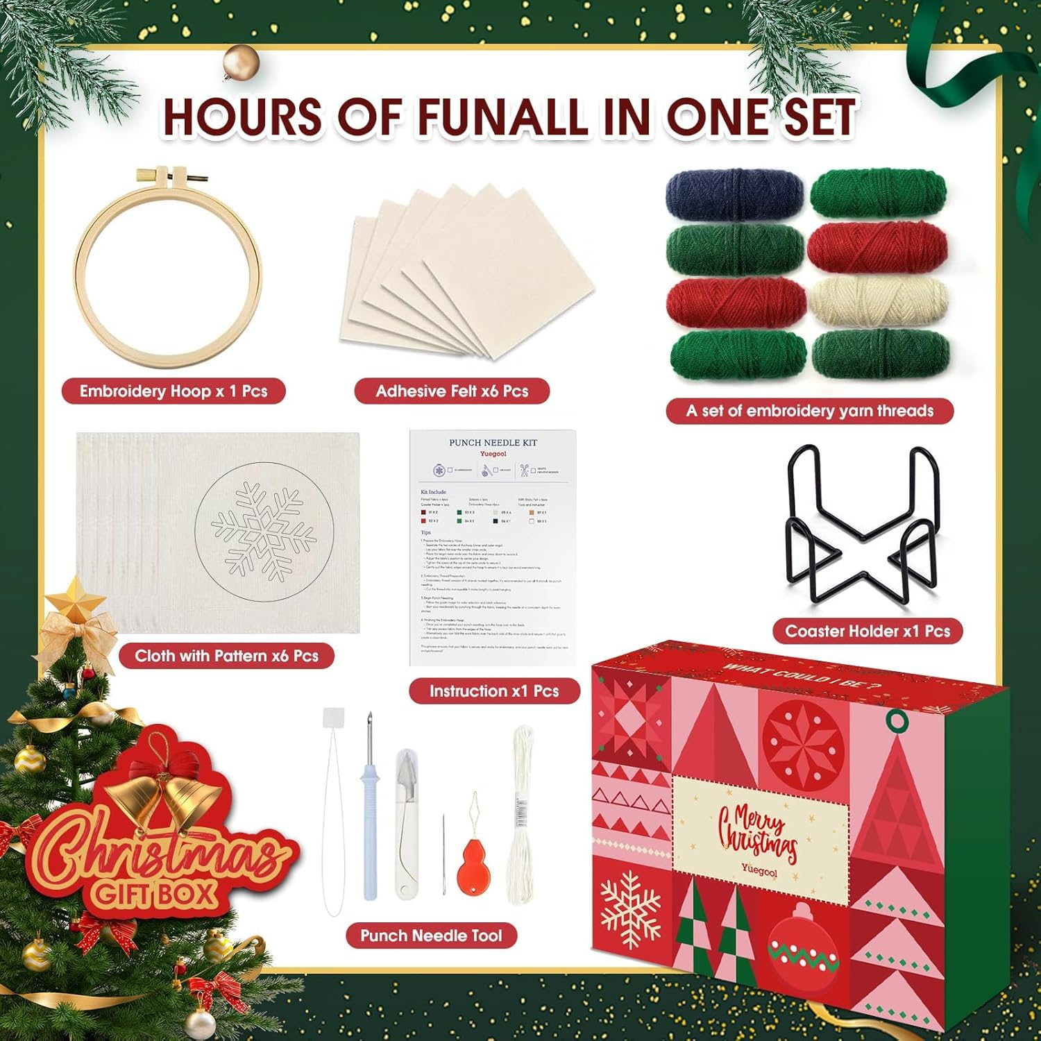 Yuegool 6PCS Christmas Punch Needle Coaster Kit,Easy DIY Embroidery Set for Beginners, Kids & Adults with Patterns, Tools, Yarns, Hoop, Instructions & Coaster Holder image number 1