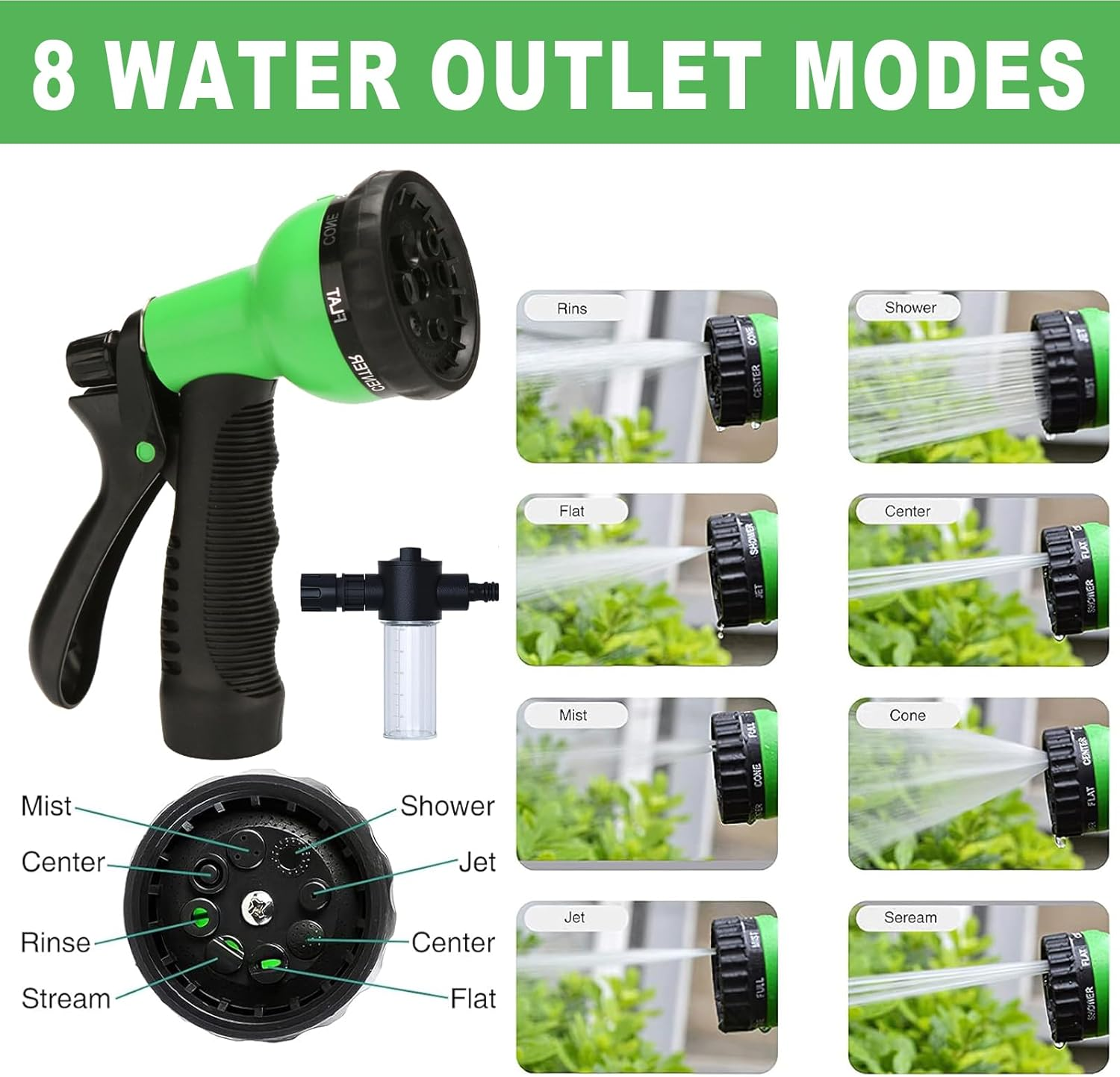 100Ft Expandable Garden Hose, with 8-Pattern Nozzle, 1/2' & 3/4' Convertible Connectors, Retractable Water Hose High Pressure with Dispenser Bottle for Car Wash & Lawn Watering image number 6