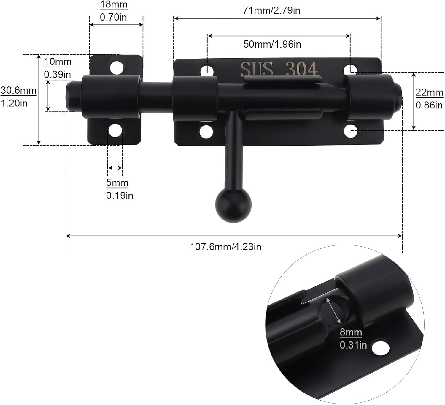 HOJLKLD Barrel Bolt Door Latch, 2 Pack 304 Stainless Steel Gate Barn Lock Latch with 8Mm Padlock Hole, Heavy Duty Black Slide Door Lock (Black, 4 Inch) image number 6