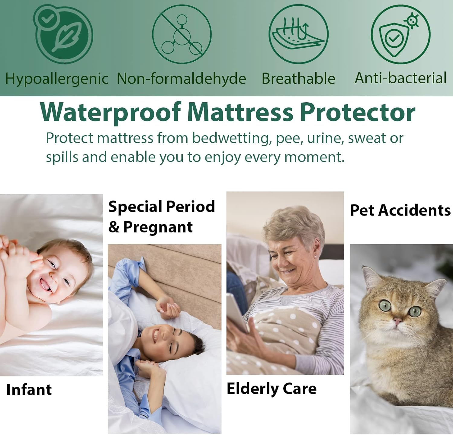 Spirehues 100% Waterproof Bamboo Terry Mattress Protector, Breathable & Durable, Deep Pocket Fitted Cover, King (183X203+38Cm) image number 1