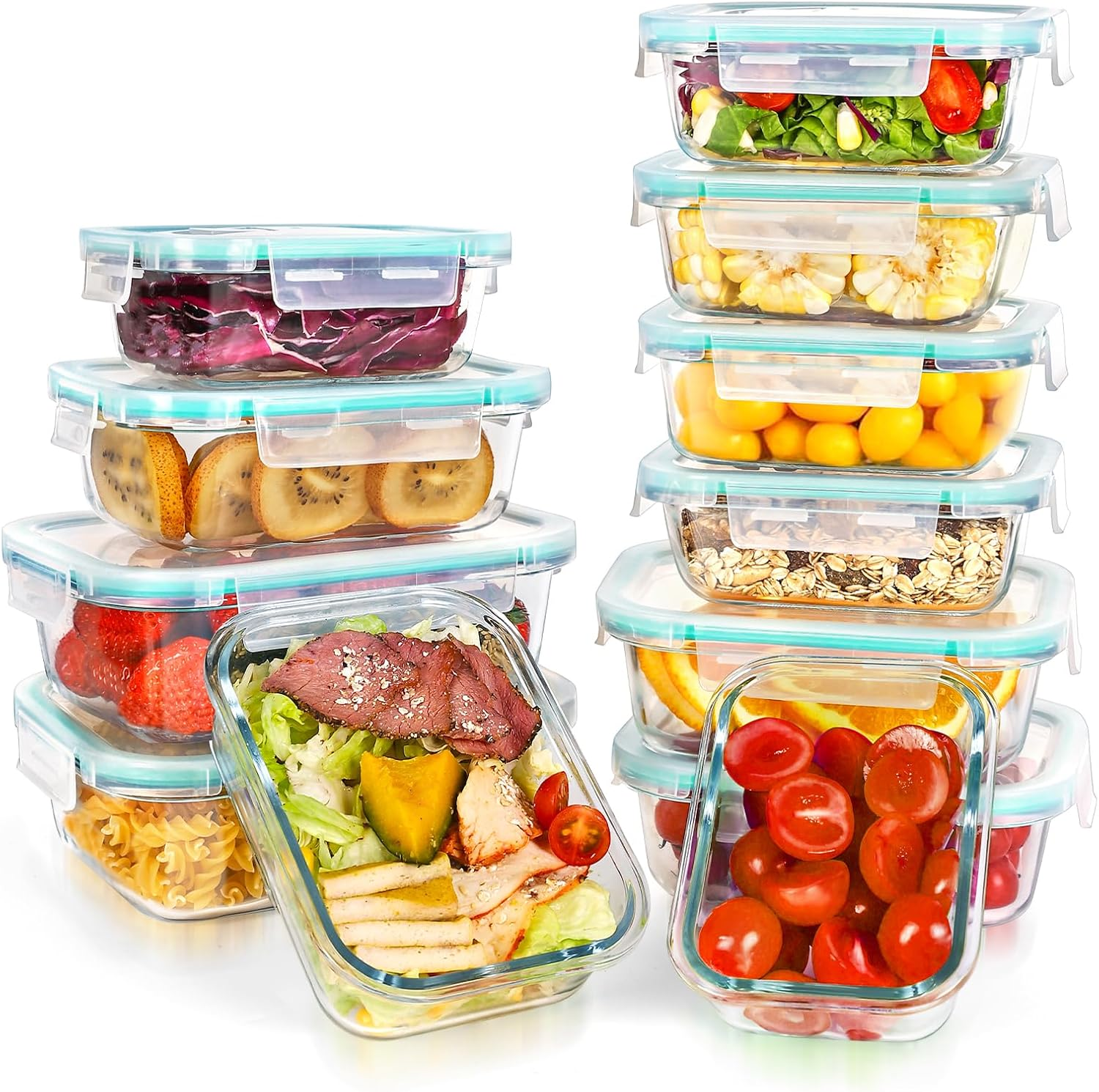 Feshory 12 Pack Airtight Glass Food Storage Containers with Lids - Glass Meal Prep Food Containers, Lunch Box Safe for Microwave, Freezer, Dishwasher Kitchen Storage & Organisation image number 3