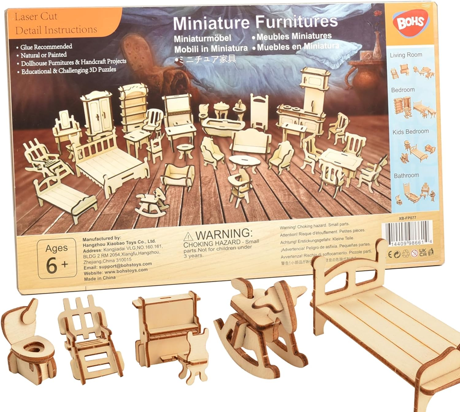 BOHS 34-Piece Dollhouse Furniture Set - Laser Cut Wooden 3D Puzzles - Miniature Doll House DIY Models and Accessories