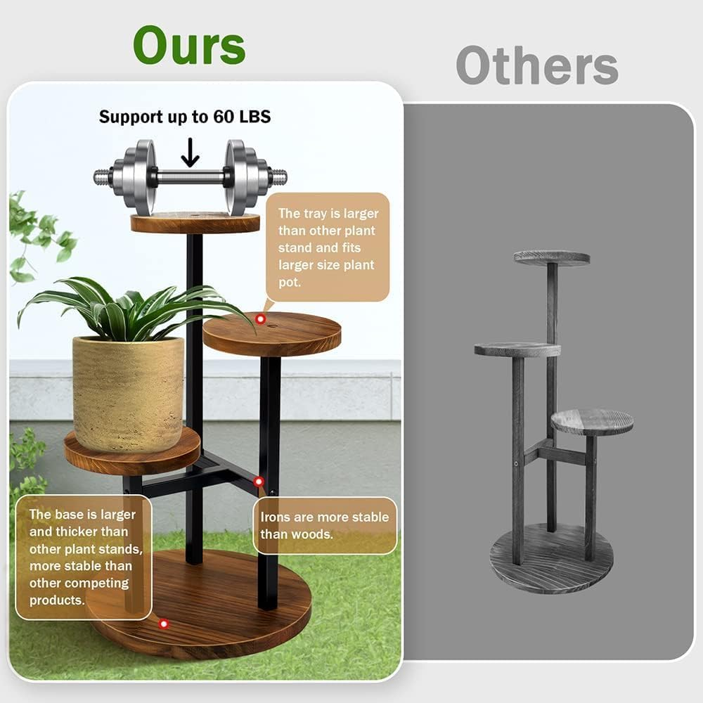 3 Tier Plant Stand, Tall Metal Wood Shelf Holder for Indoor, Outdoor Display Rack Flower Pot Stand for Corner Living Room Balcony Garden Patio image number 1