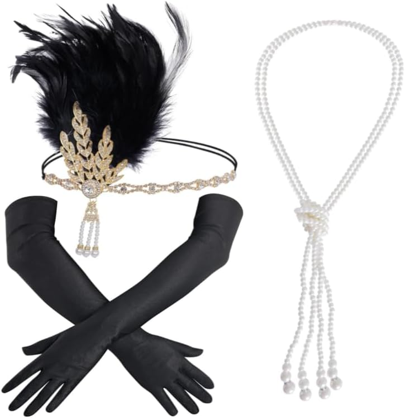 3 PCS 1920S Flapper Accessories Set Black Feather Headband Beaded Necklaces Gloves for Women Halloween Party Cosplay