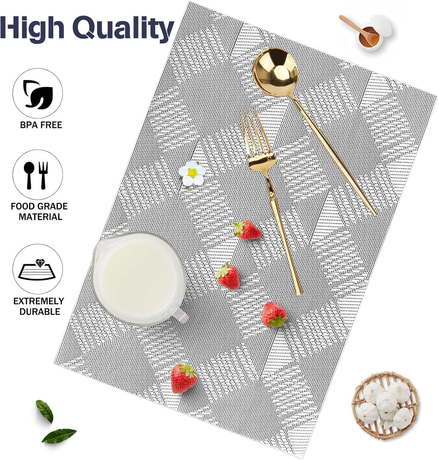 Placemats, Set of 6 Heat Resistant Place Mats, Stain-Proof Non-Slip Wipeable PVC Dining Table Mats, Dining Table Placemats for Easter Thanksgiving Christmas New Year Party Home Decor (Silver Diamond) - Bamboo Grey image number 7