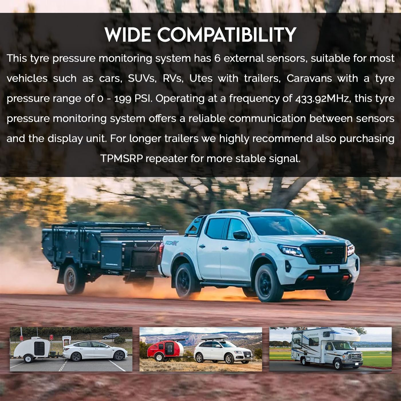 Elinz Tyre Pressure Monitoring System with 6 External Waterproof Sensors Trailer Caravan TPMS, Easy to Install, 5 Alarm Modes image number 2