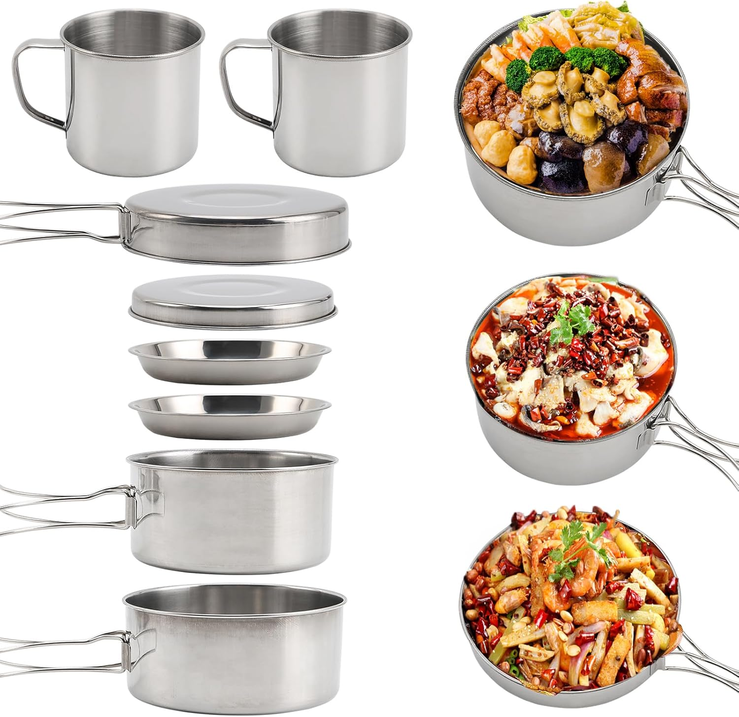 8Pcs Stainless Steel Camping Cookware Set, Camping Cooking Equipment, 2-3 People, Compact, Easy to Carry, Complete Set, Healthy & Safe image number 1