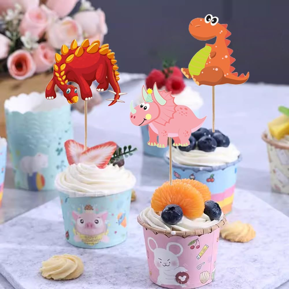 SAMOKA Dinosaur Cupcake Toppers,48 PCS Dinosaur Birthday Party Supplies Cupcake Toppers Picks for Boys Kids Dino Theme Party Decorations Cake Decorations(Double-Sided)