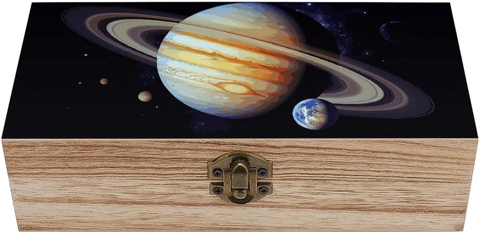 Planet Jupiter Wooden Box Wood Wedding Keepsake Boxes with Lids Small Decorative Boxes Lightweight Wooden Memory Storage Box for Crafts Keepsakes Jewelry Photo Letter Storage image number 3