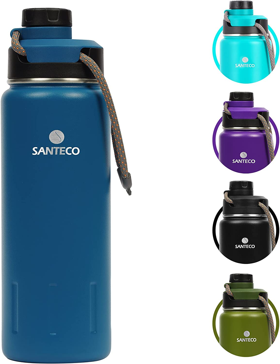 Santeco Insulated Water Bottles 24 Oz, Stainless Steel Flask with Lanyard & Wide Mouth Spout Lid, Leak Proof Double Wall Vacuum Drink Bottle, Keep Drinks Hot & Cold for Hiking Camping - Purple