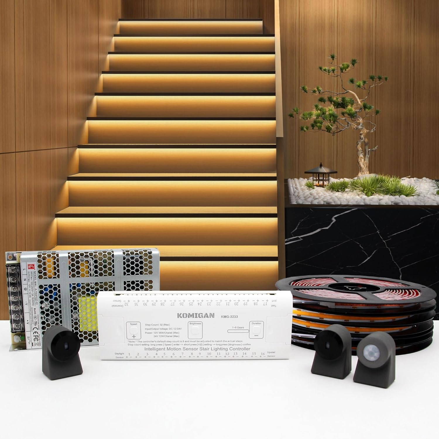 Intelligent Motion Sensor LED Stair Lighting Kit KMG-3233, 100Cm Long Cuttable Light Strip for Indoor LED Stair Lights (16 Stairs, Warm White 3000K) image number 3