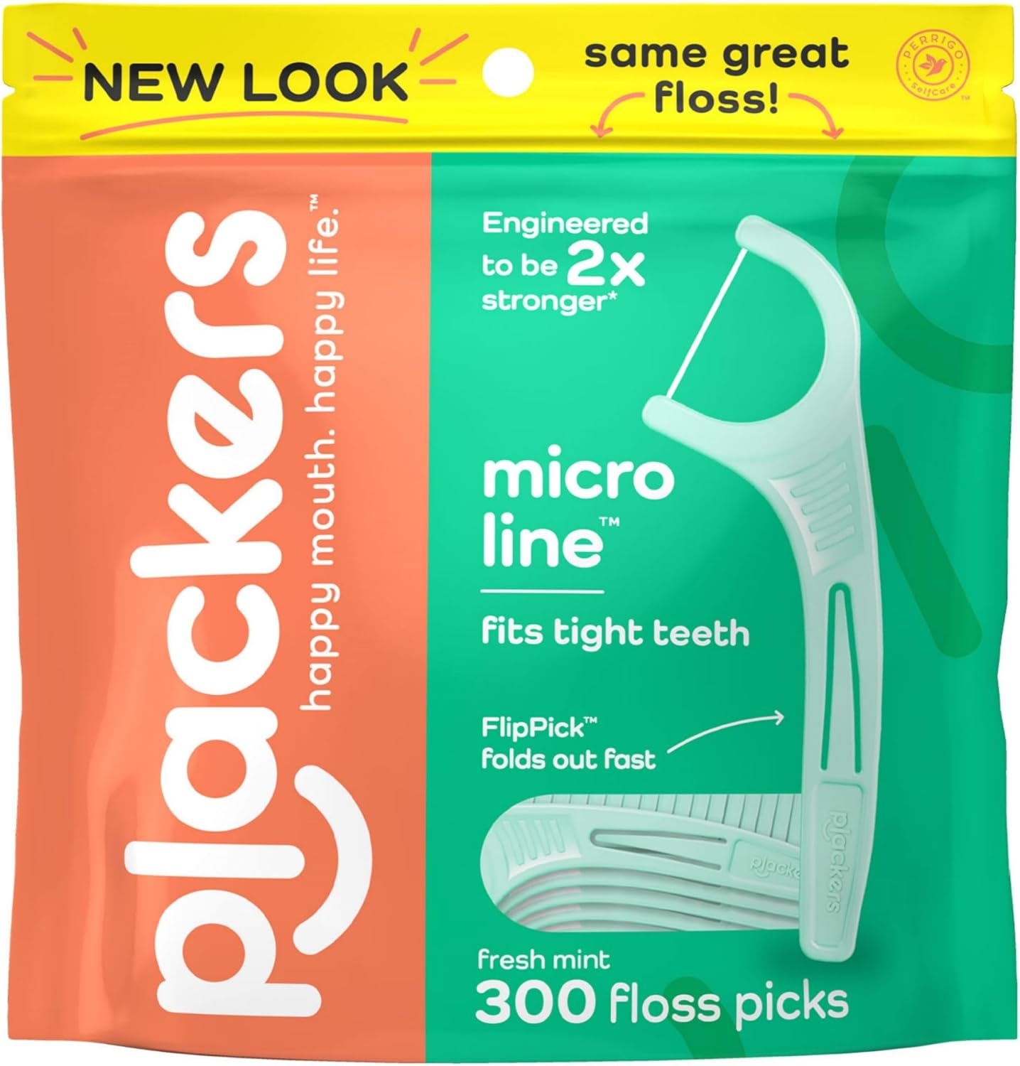 Plackers Micro Line Dental Floss Picks, Fold-Out Flippick, Tuffloss, Easy Storage with Sure-Zip Seal, Fresh Mint Flavor, 300 Count image number 1
