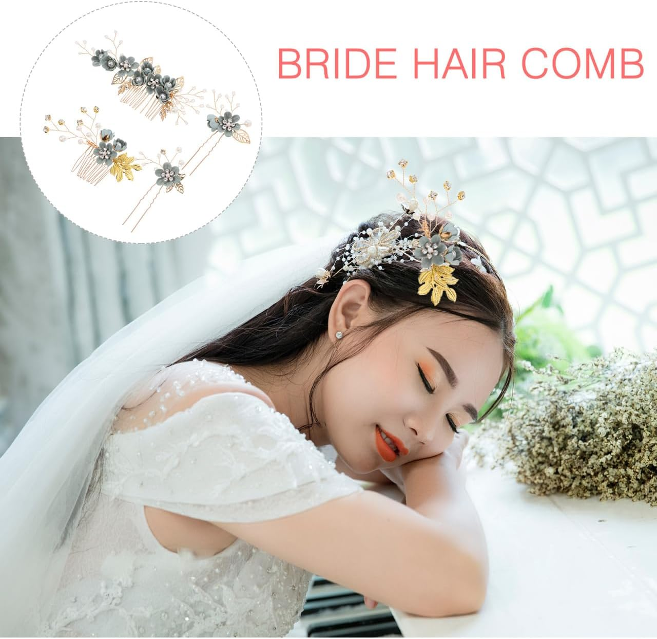 Hemobllo Set of 4 Wedding Hair Comb Clips, Bridal Hair Accessories, Rhinestone Hairpiece, Sage Green Hair Accessories for Women and Girls image number 1