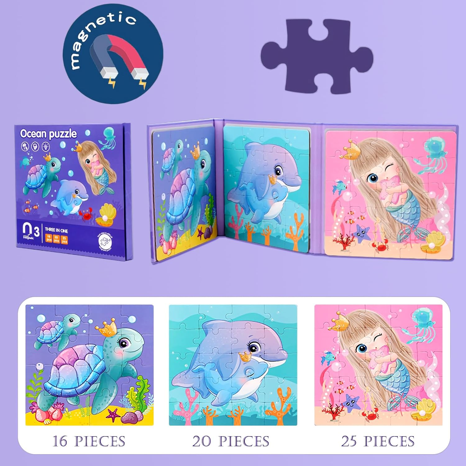 Magnetic Puzzles for Toddler Kids Ages 3-5, Preschool Puzzle Book for Kids, 3 Jigsaw Puzzle Patterns in 1 Book with Cpc-Certified Materials (Ocean) image number 2