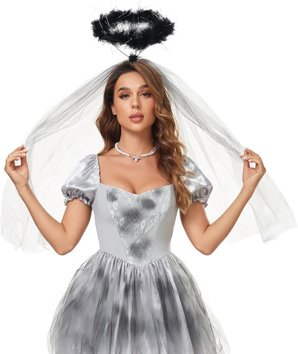 Headband Halo Black - Angel Costume Accessories for Children Women Men Headband Angel Hair Accessories for Halloween, Fancy Dress & Carnival Party Headband for Black Angel with Feather Wreath image number 3