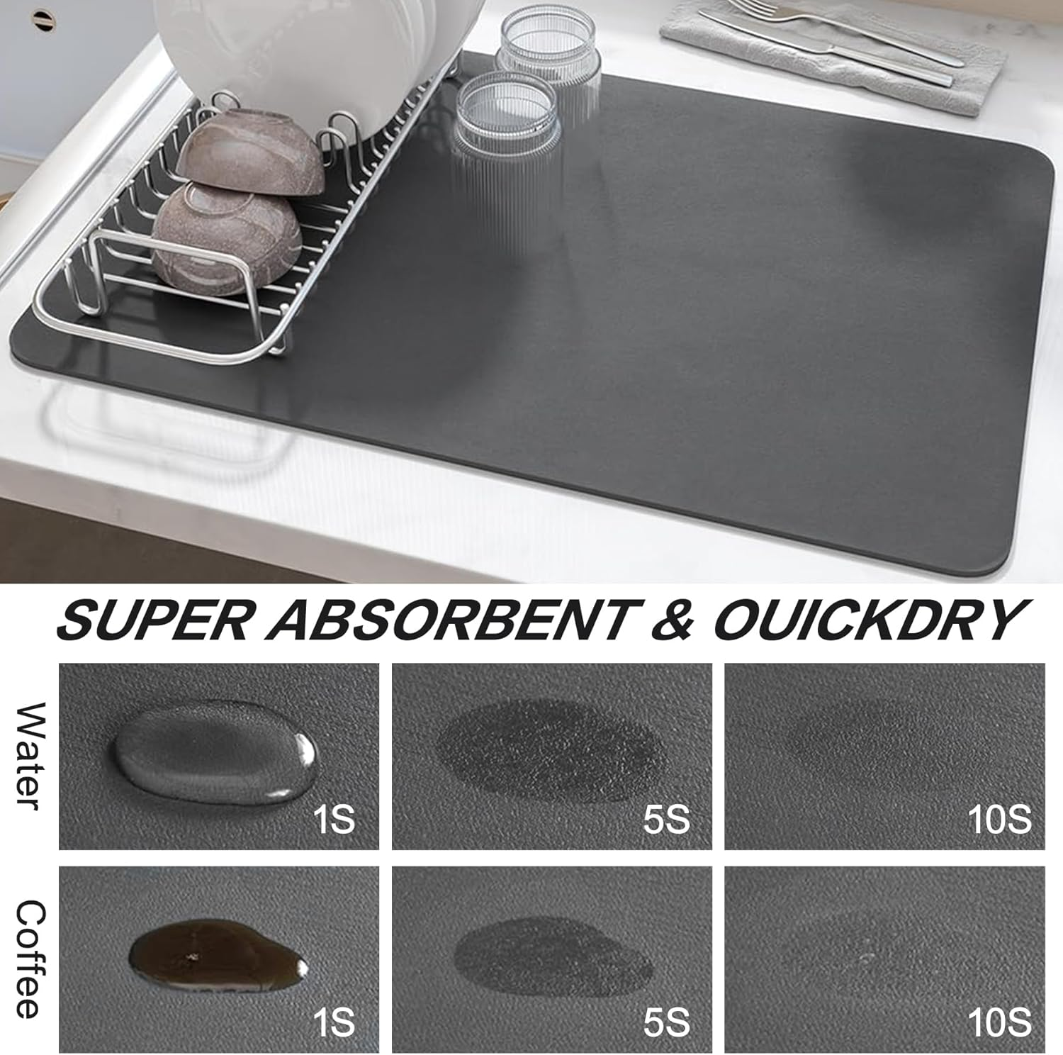 Coffee Mat, Rubber Absorbent Drying Mat for Kitchen Counter Bar Accessories, Foldable Hide Stain Pad Fit under Coffee Maker Coffee Machine Dish Rack (Grey, 40X60Cm) image number 6