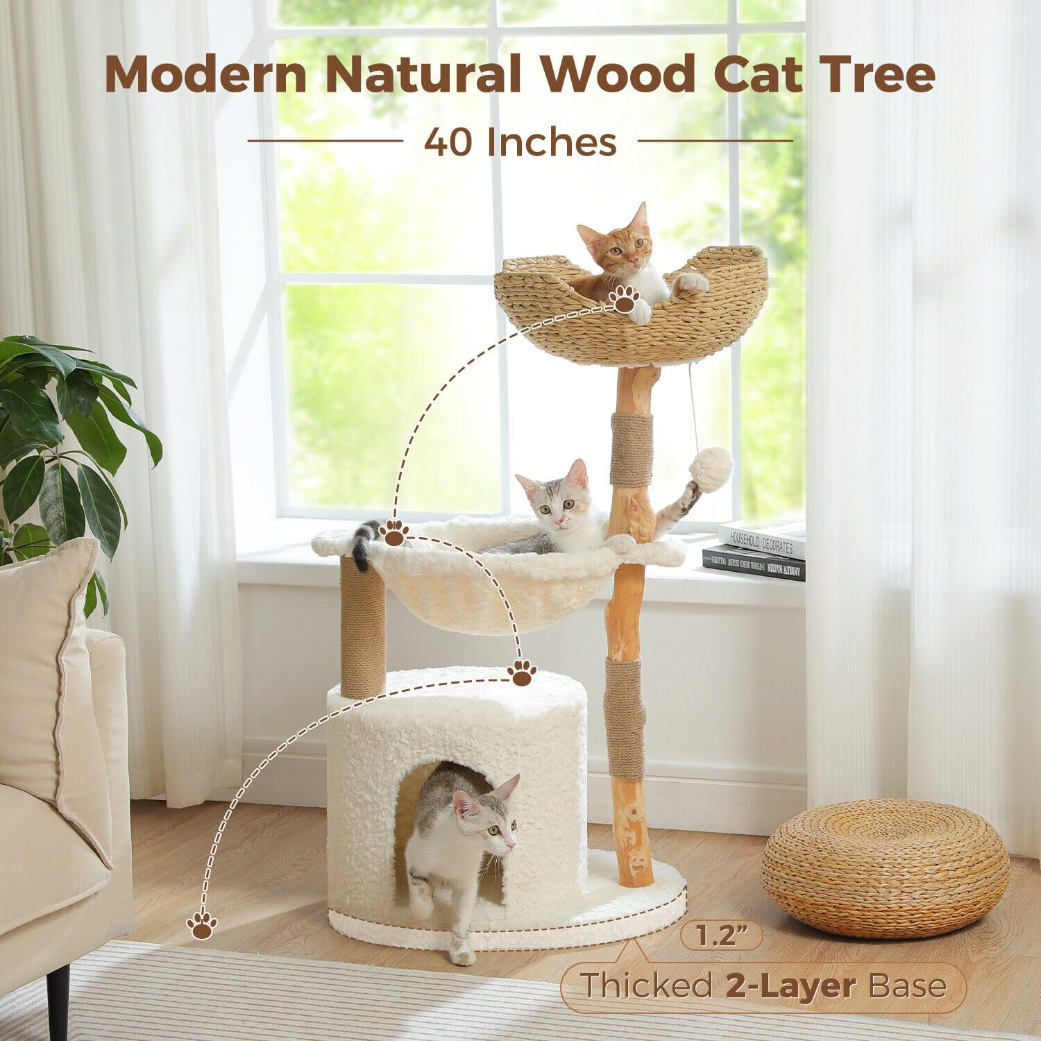 PAWZ Road Modern Cat Tree, Real Wood Cat Tower for Indoor Large Cats, Luxury Cat Furniture with Large Cozy Hammock(Dia=40Cm),Spacious Cat Condo,Baskets Perch and Dangling Ball White image number 4