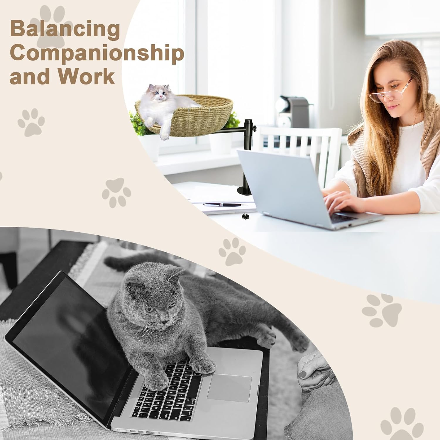 PTEROMYS Cat Desk Bed, Cat Bed for Desk Perch with Paper Rope Material, Steel Frame, Adjustable Height, 360 Rotating Cat Desk Bed, Suitable for Cats 22 Pounds (Beige)