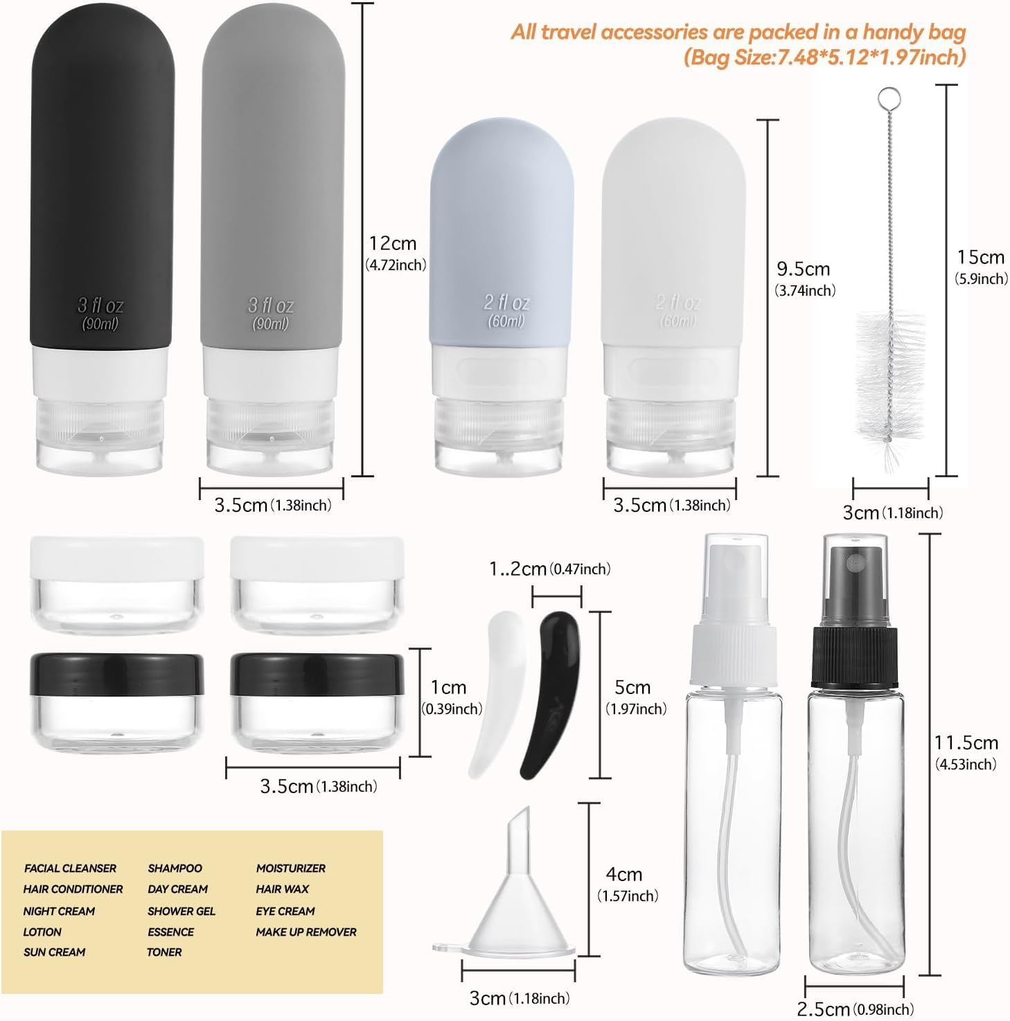 16 Pack Travel Bottles Set - Leak Proof Silicone Squeezable Containers for Toiletries, Conditioner, Shampoo, Lotion & Body Wash Accessories (Black) image number 3