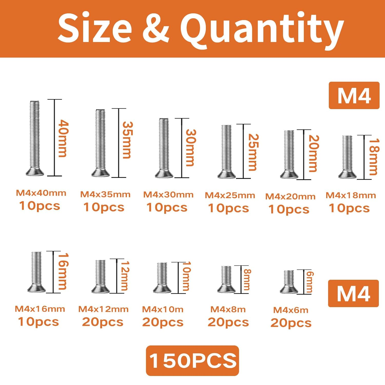 M4 Flat Head Machine Screws 150Pcs Metric Fastener 304 Stainless Steel Countersunk Cross Machine Screw Fasteners Bolts Assortment Kit M4 X 6/8/10/12/16/18/20/25/30/35/40Mm image number 6